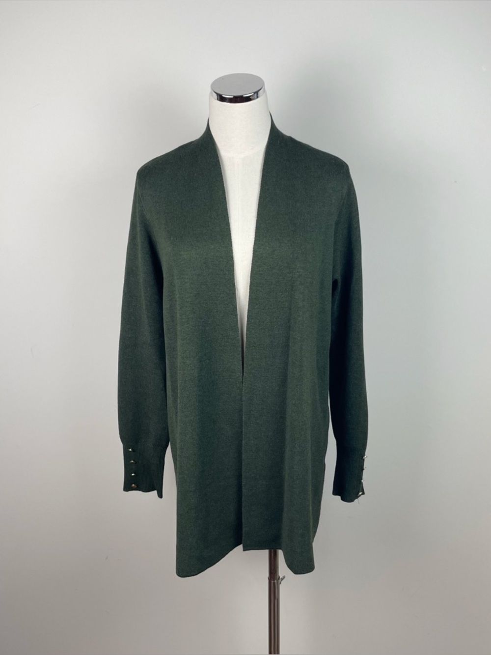 Cyrus Solid Dark Green Open Front Cardigan Sweater Gold Buttons Women Large